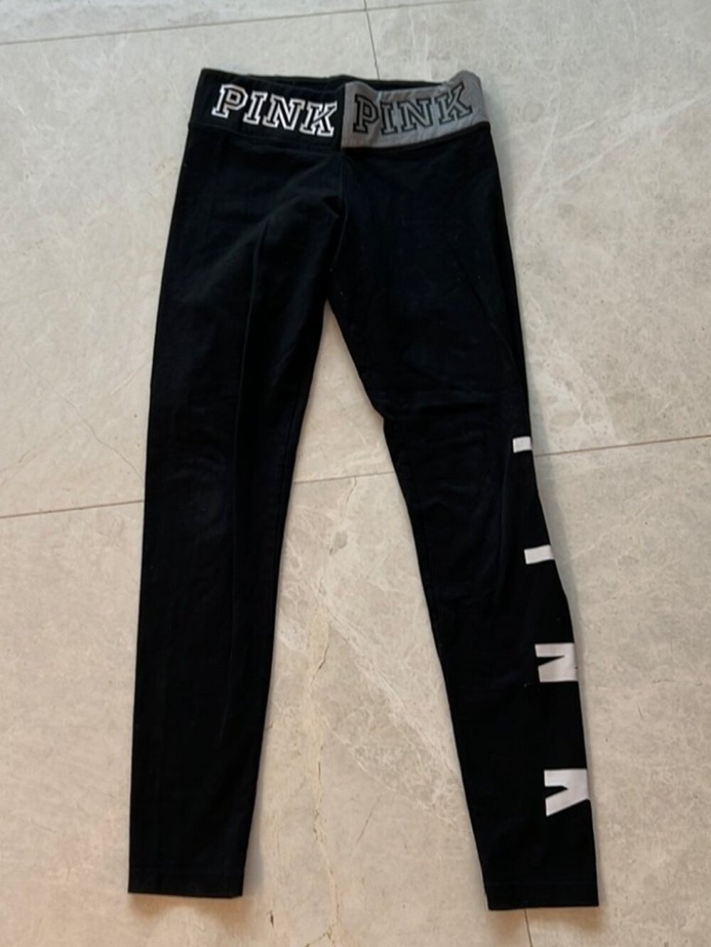 PINK Victoria's Secret Yoga Leggings S Black Gray Logo Waistband Cotton